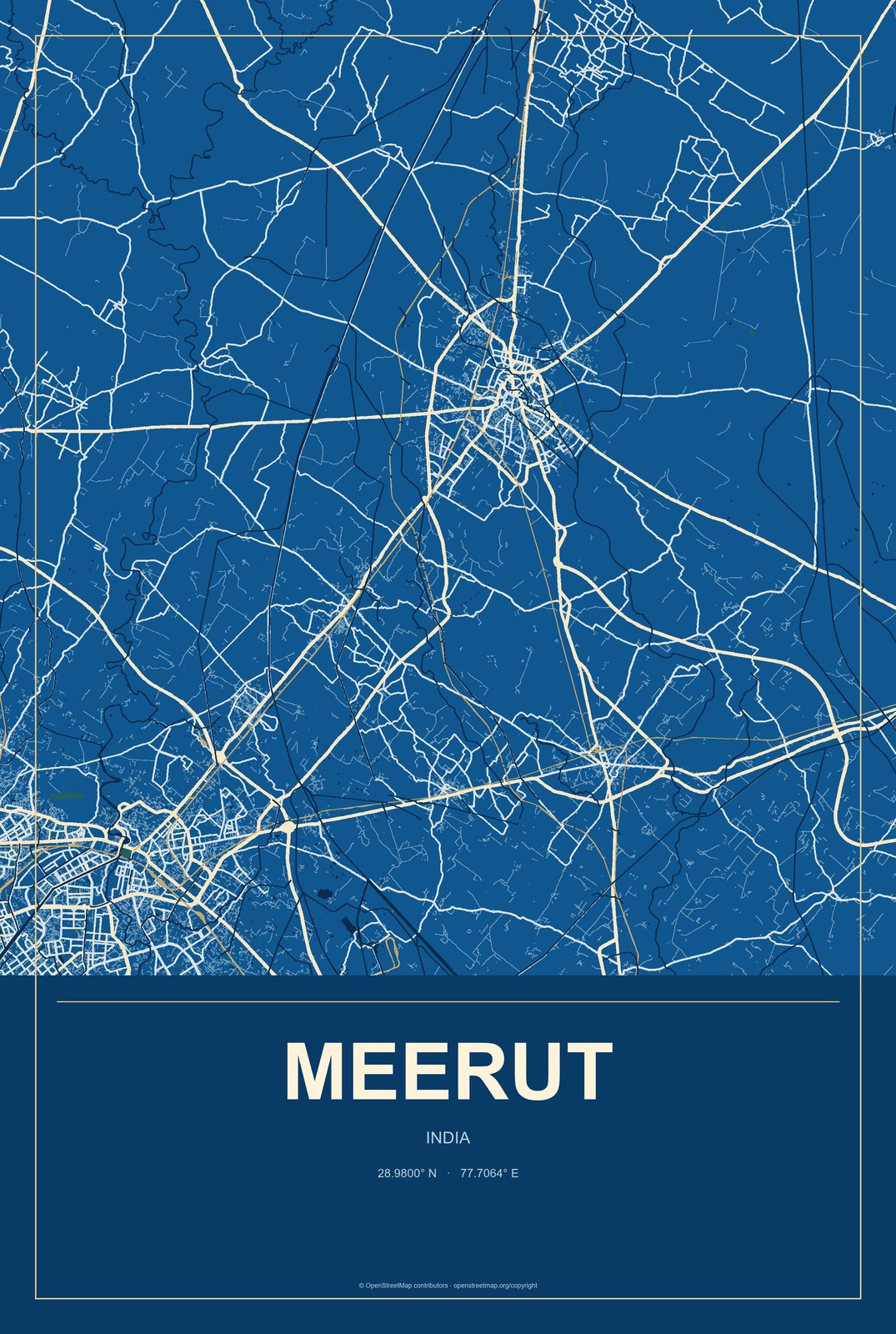 Meerut, India City Map Aluminum Sign in Harbor Cobalt style