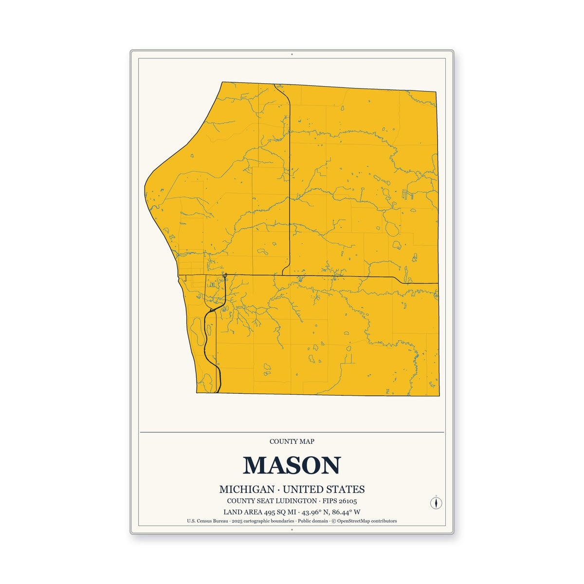 Mason County, Michigan Map Aluminum Sign in Citrine Modern style