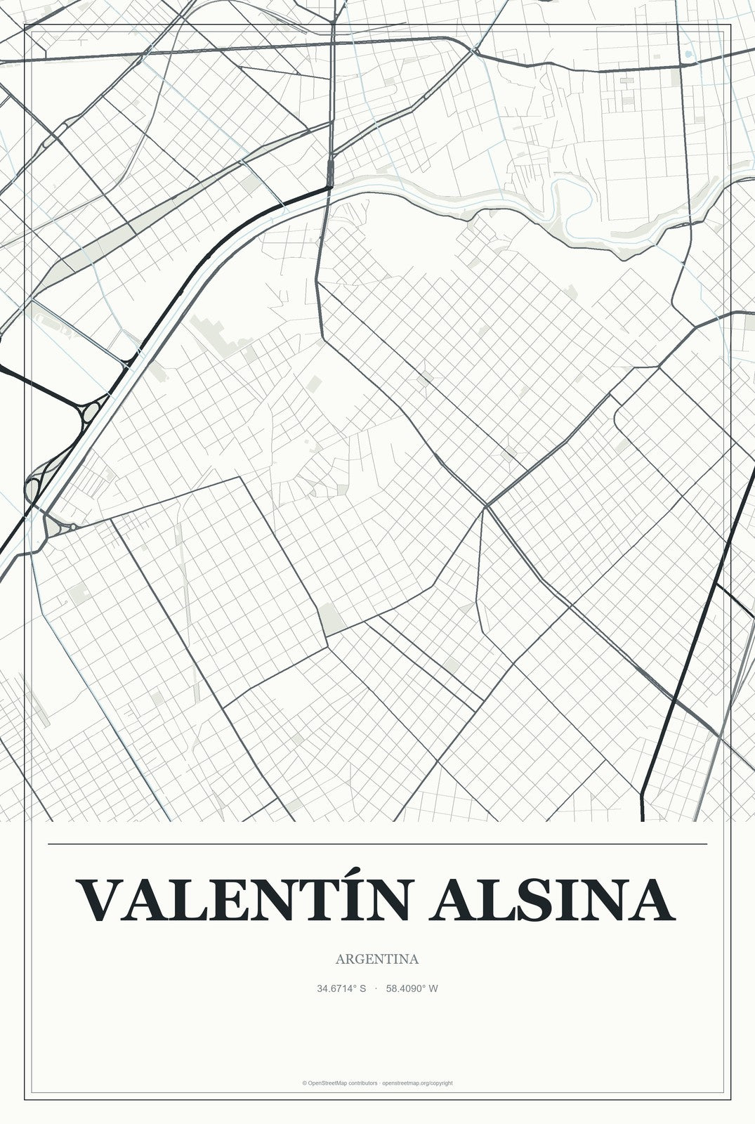 Valentín Alsina, Argentina City Map Aluminum Sign in Gallery Air style