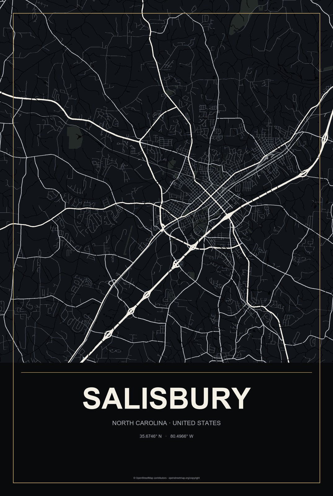 Salisbury, North Carolina City Map Aluminum Sign in Metropolitan Noir style