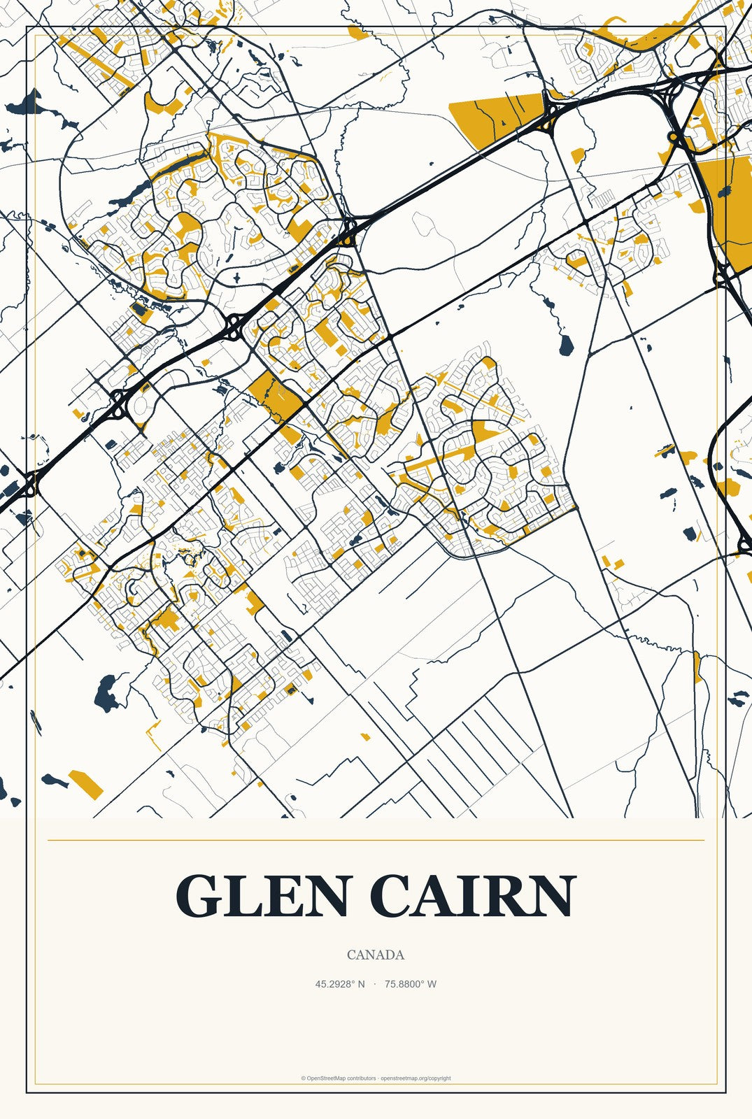 Glen Cairn, Canada City Map Aluminum Sign in Citrine Modern style