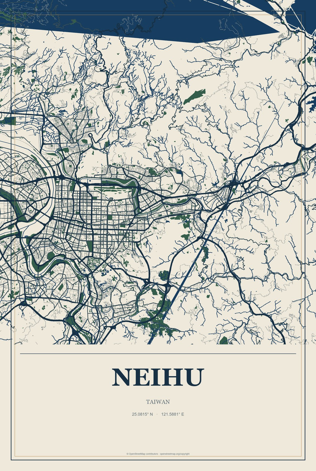 Neihu, Taiwan City Map Aluminum Sign in Coastal Cutout style