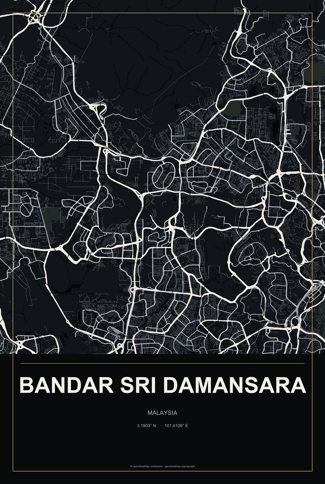 Bandar Sri Damansara, Malaysia City Map Aluminum Sign in Metropolitan Noir style