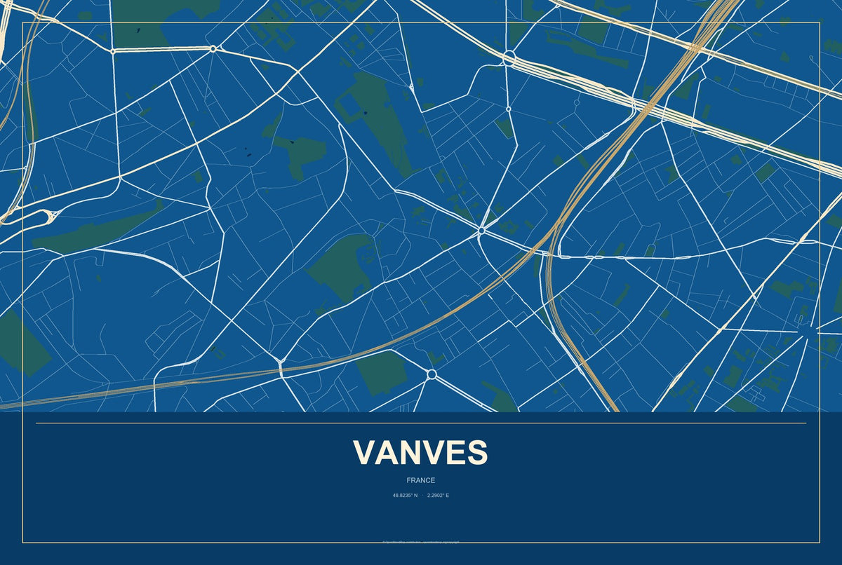 Vanves, France City Map Aluminum Sign in Harbor Cobalt style