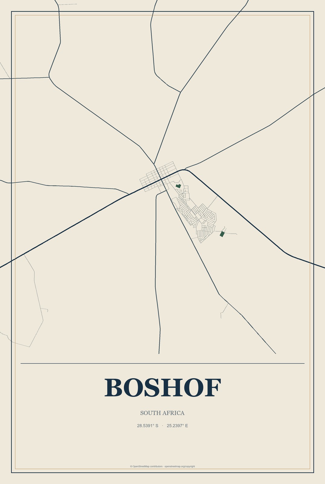 Boshof, South Africa City Map Aluminum Sign in Coastal Cutout style