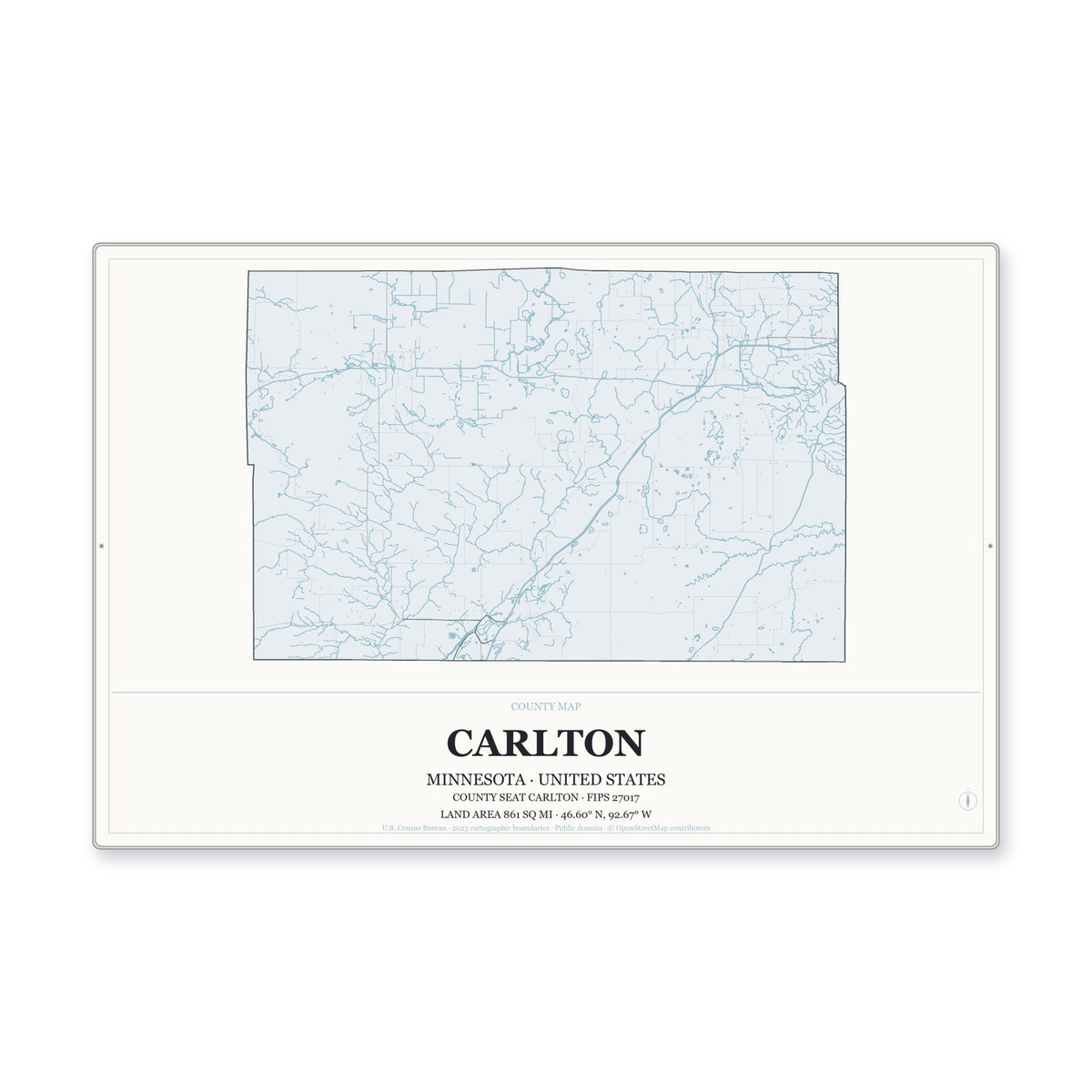 Carlton County, Minnesota Map Aluminum Sign in Gallery Air style