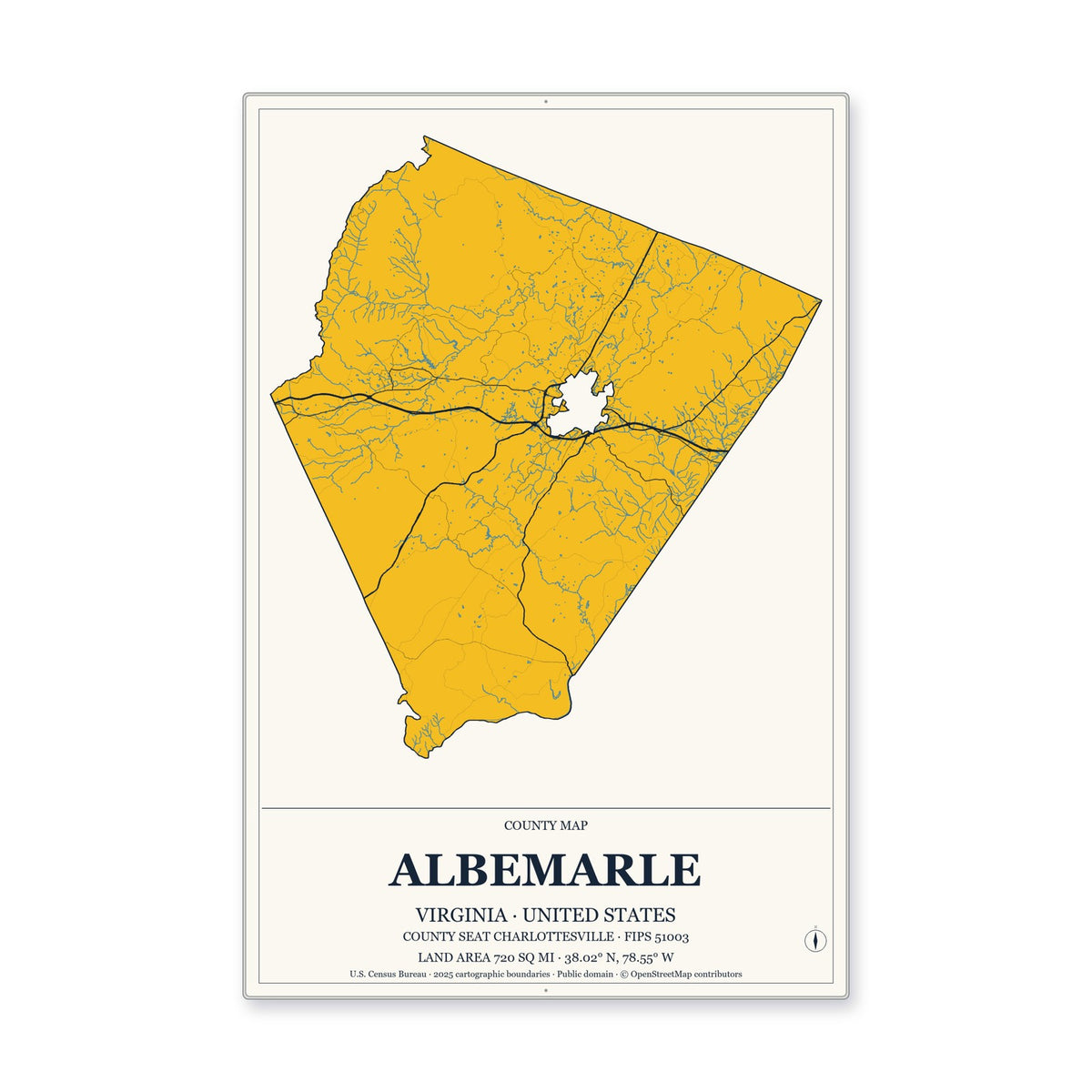 Albemarle County, Virginia Map Aluminum Sign in Citrine Modern style