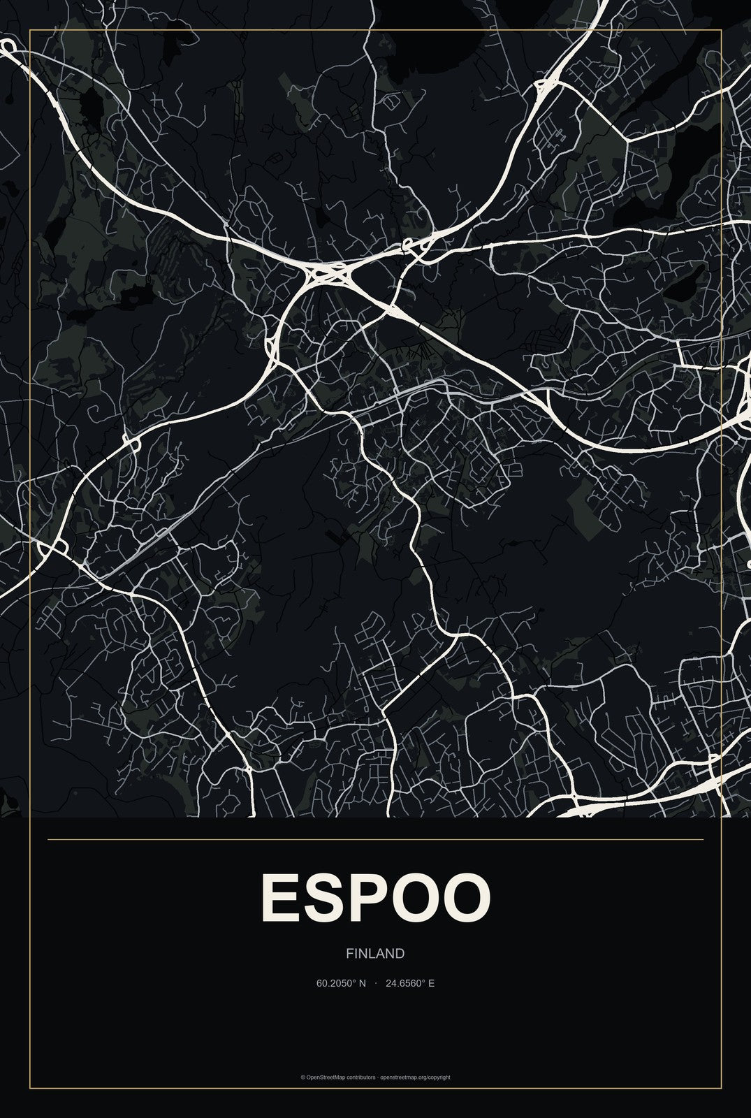 Espoo, Finland City Map Aluminum Sign in Metropolitan Noir style
