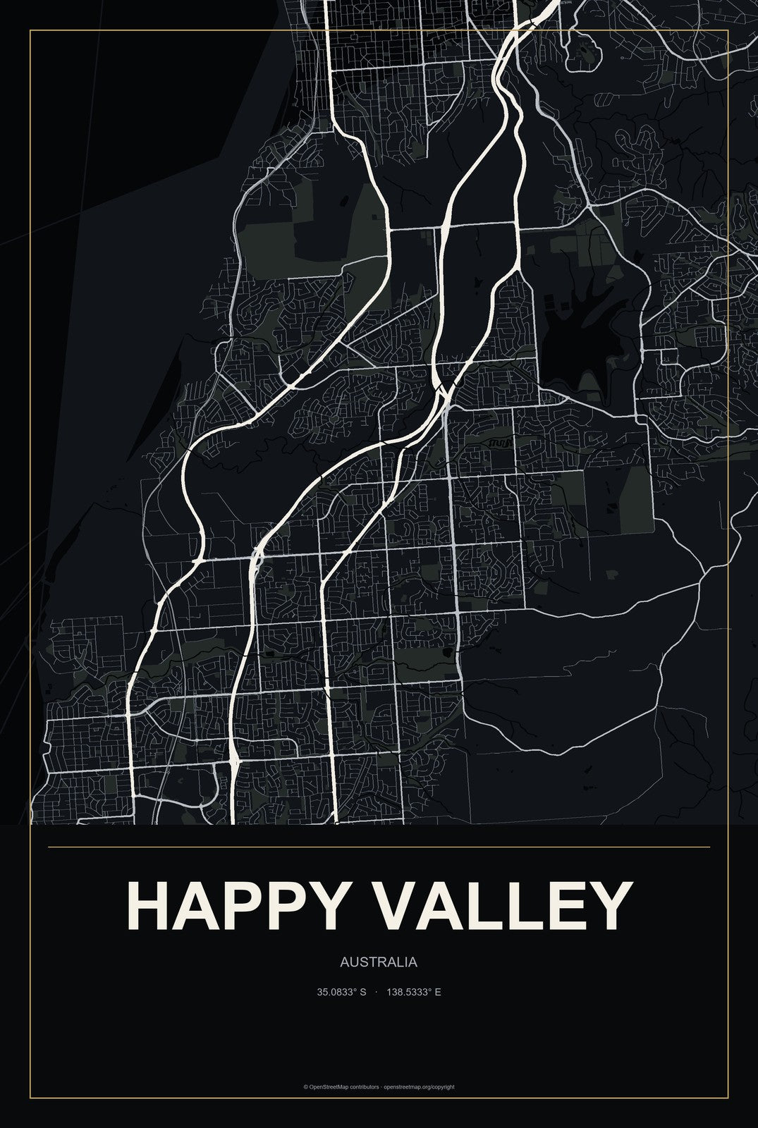 Happy Valley, Australia City Map Aluminum Sign in Metropolitan Noir style