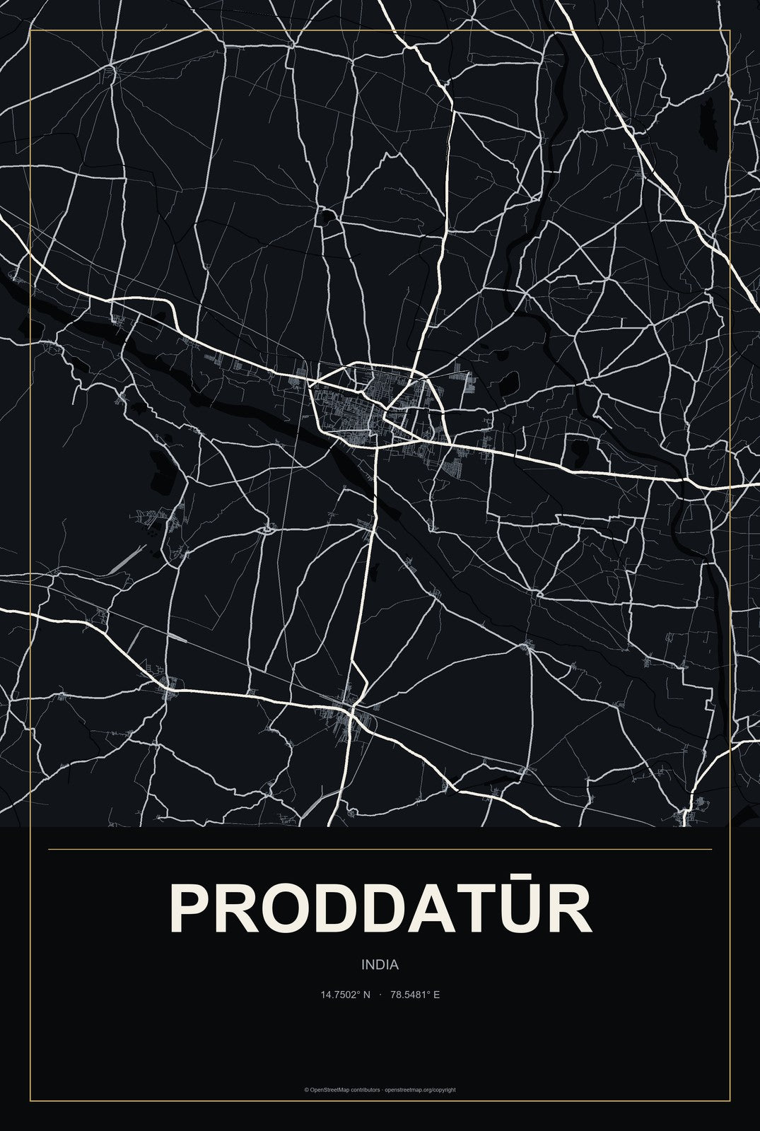 Proddatūr, India City Map Aluminum Sign in Metropolitan Noir style
