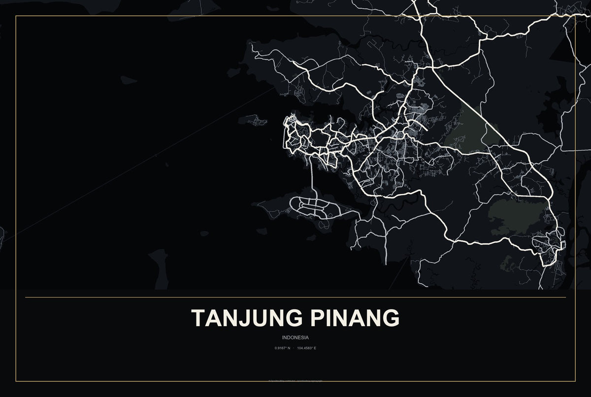 Tanjung Pinang, Indonesia City Map Aluminum Sign in Metropolitan Noir style