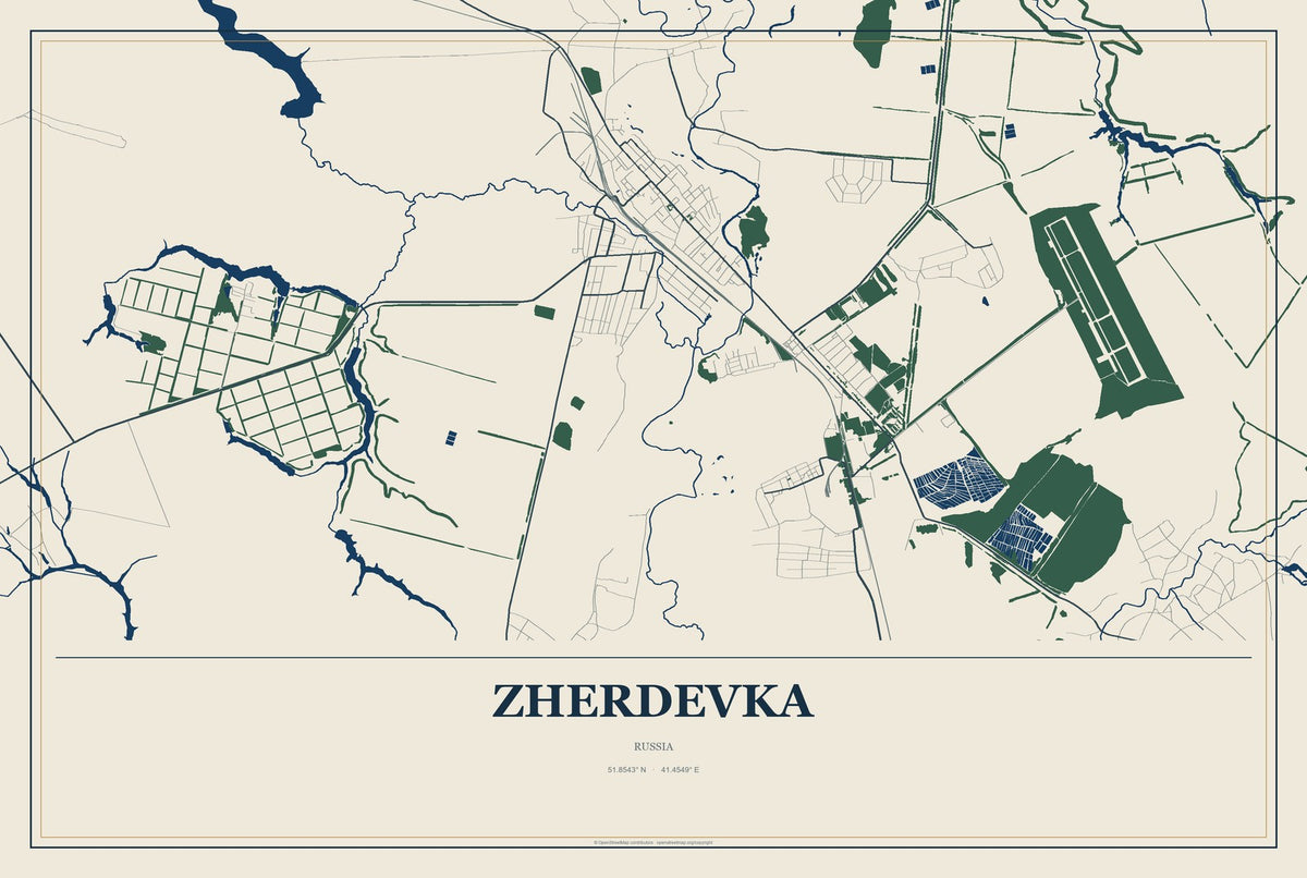 Zherdevka, Russia City Map Aluminum Sign in Coastal Cutout style