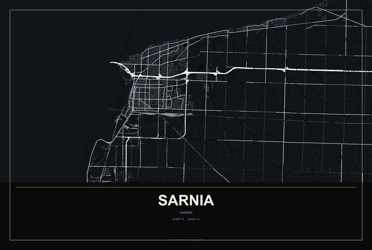 Sarnia, Canada City Map Aluminum Sign in Metropolitan Noir style