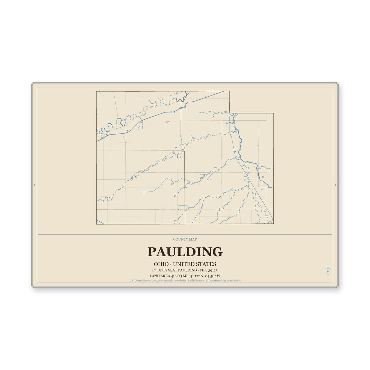Paulding County, Ohio Map Aluminum Sign in Heritage Nautical style