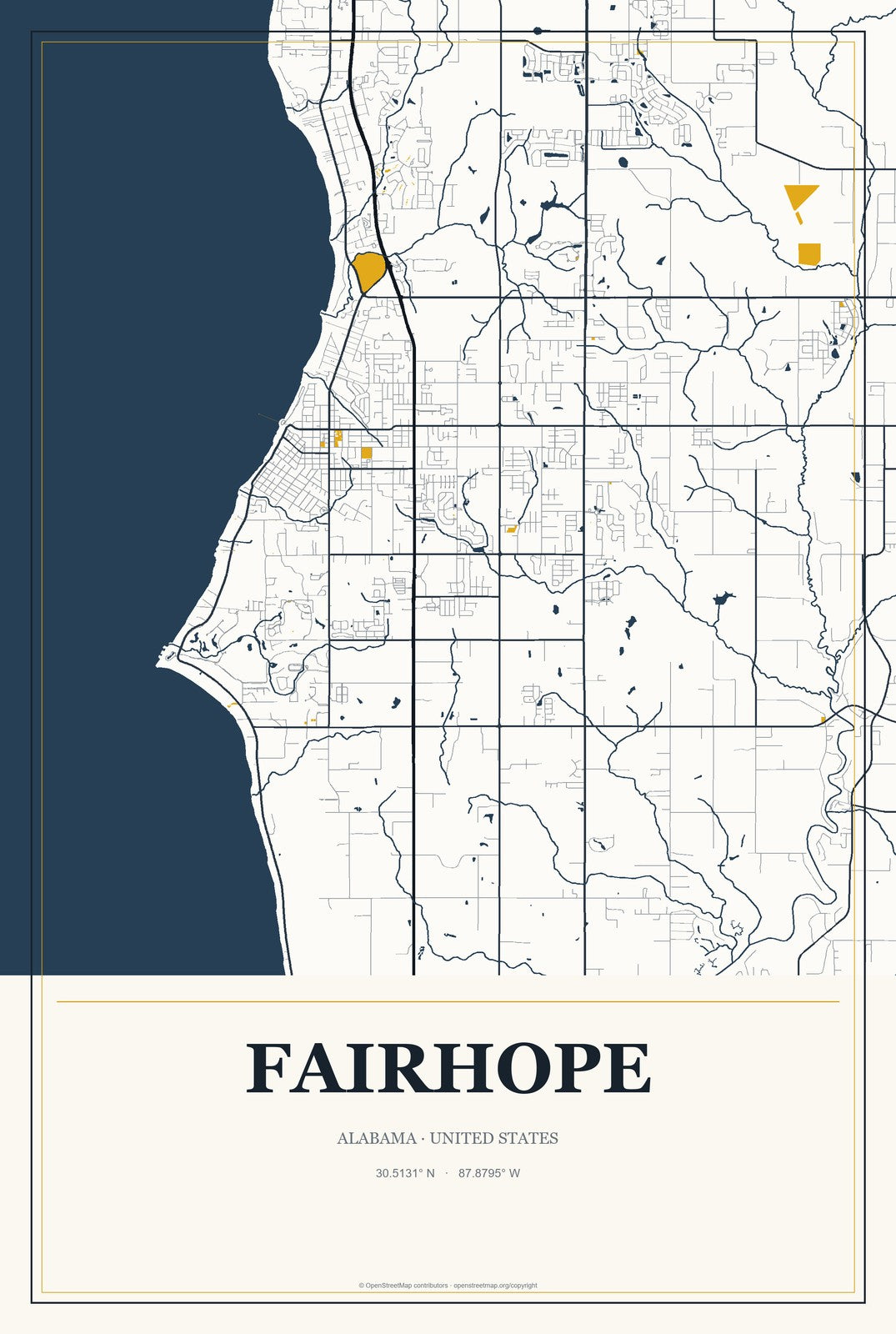 Fairhope, Alabama City Map Aluminum Sign in Citrine Modern style