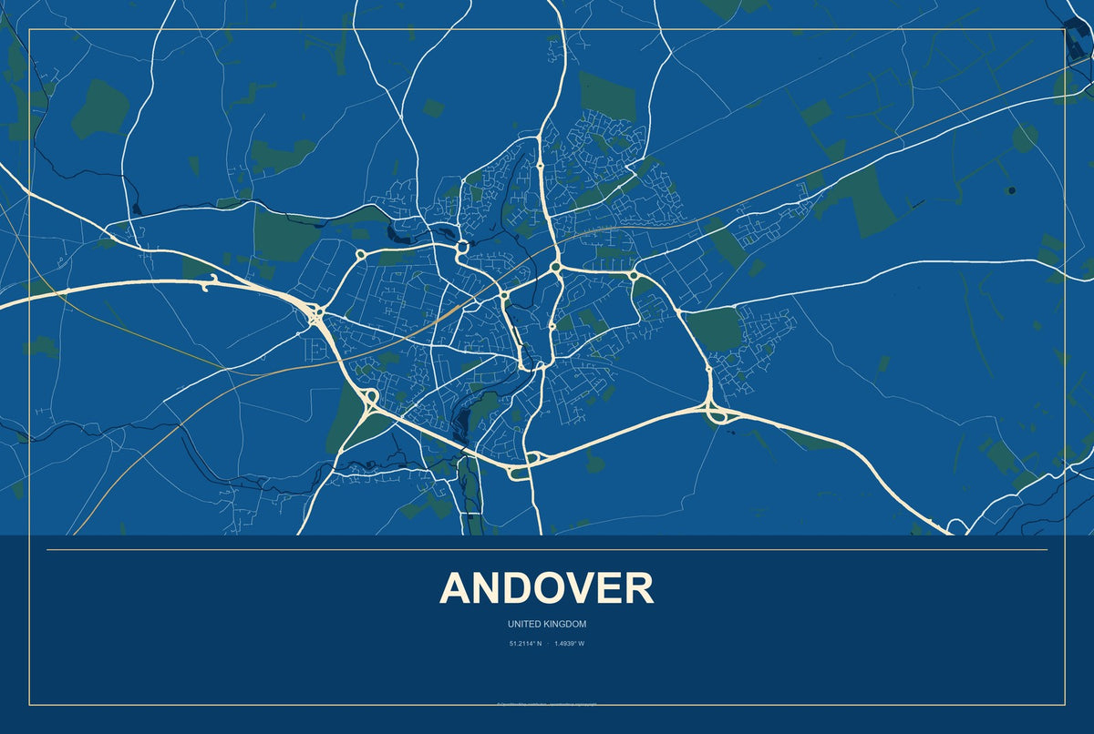 Andover, United Kingdom City Map Aluminum Sign in Harbor Cobalt style