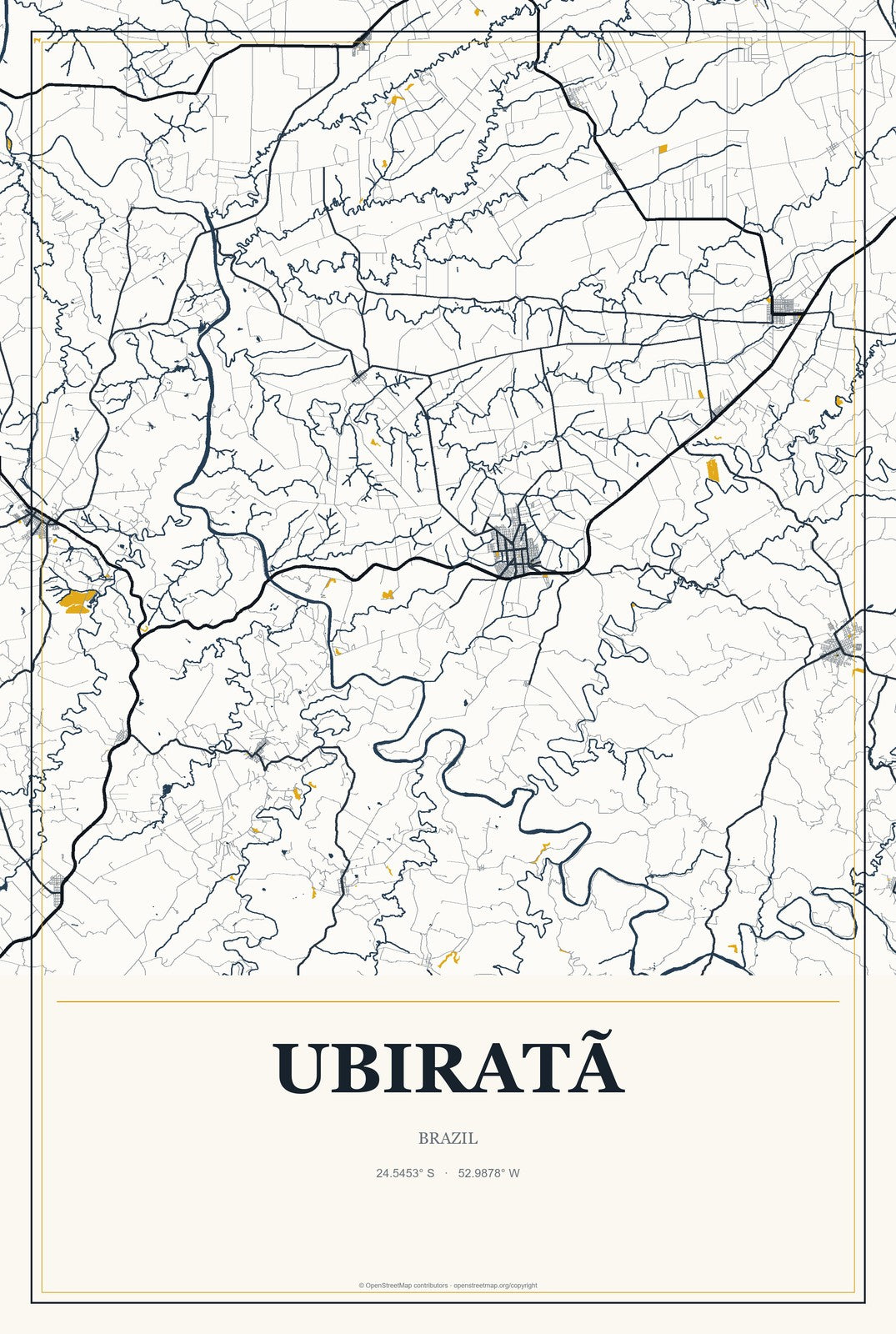 Ubiratã, Brazil City Map Aluminum Sign in Citrine Modern style