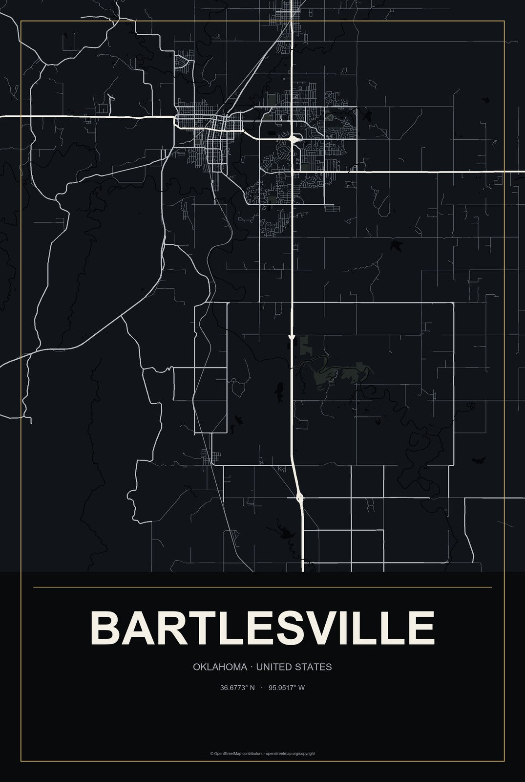 Bartlesville, Oklahoma City Map Aluminum Sign in Metropolitan Noir style