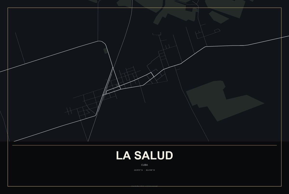 La Salud, Cuba City Map Aluminum Sign in Metropolitan Noir style