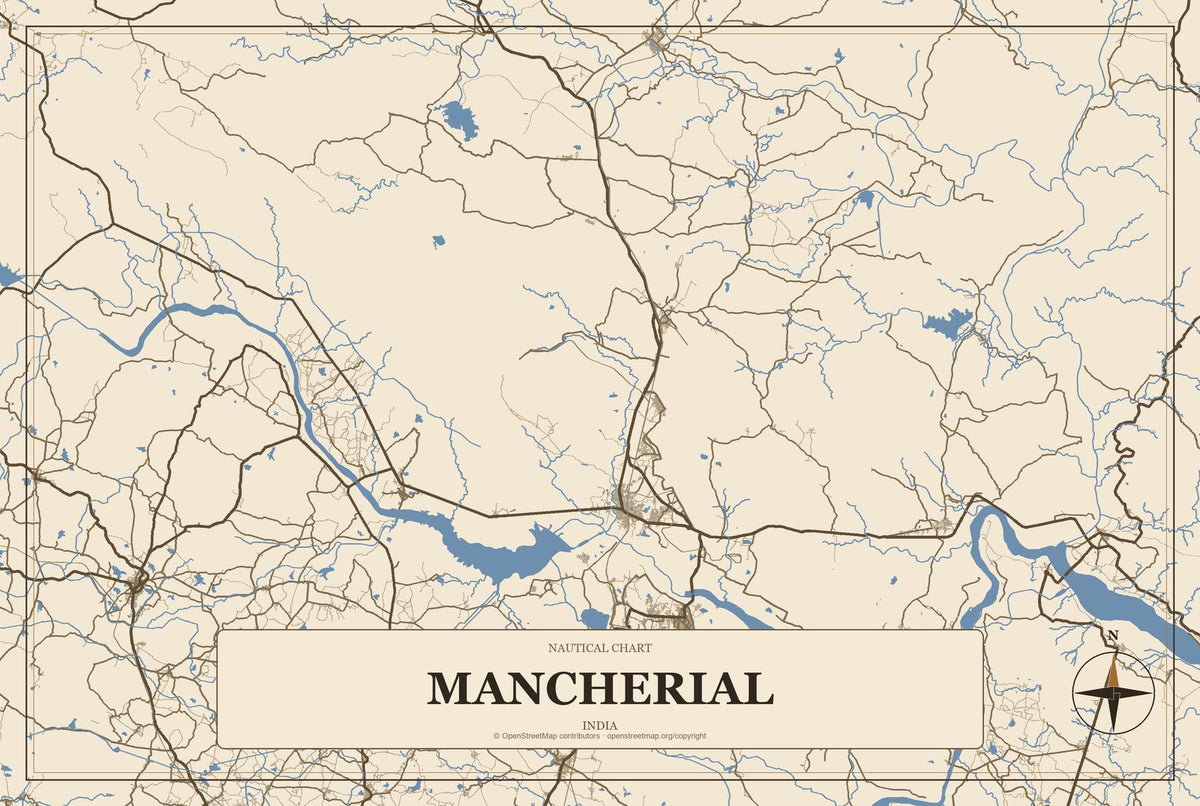 Mancherial, India City Map Aluminum Sign in Heritage Nautical style