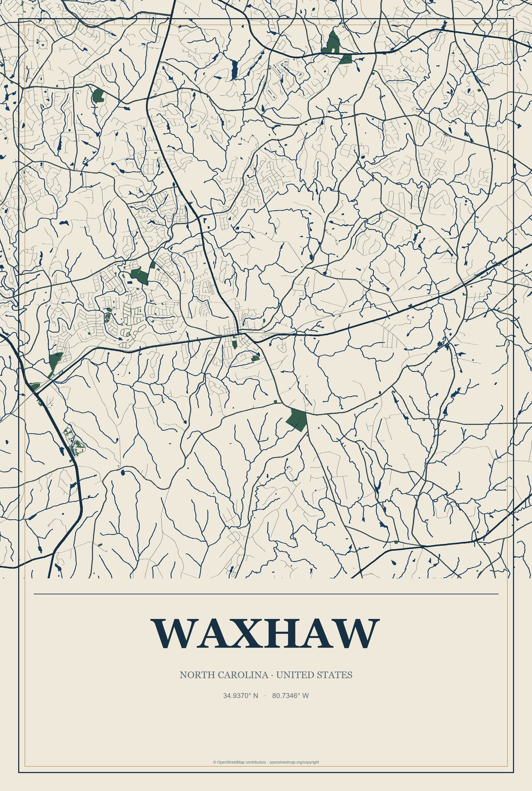 Waxhaw, North Carolina City Map Aluminum Sign in Coastal Cutout style