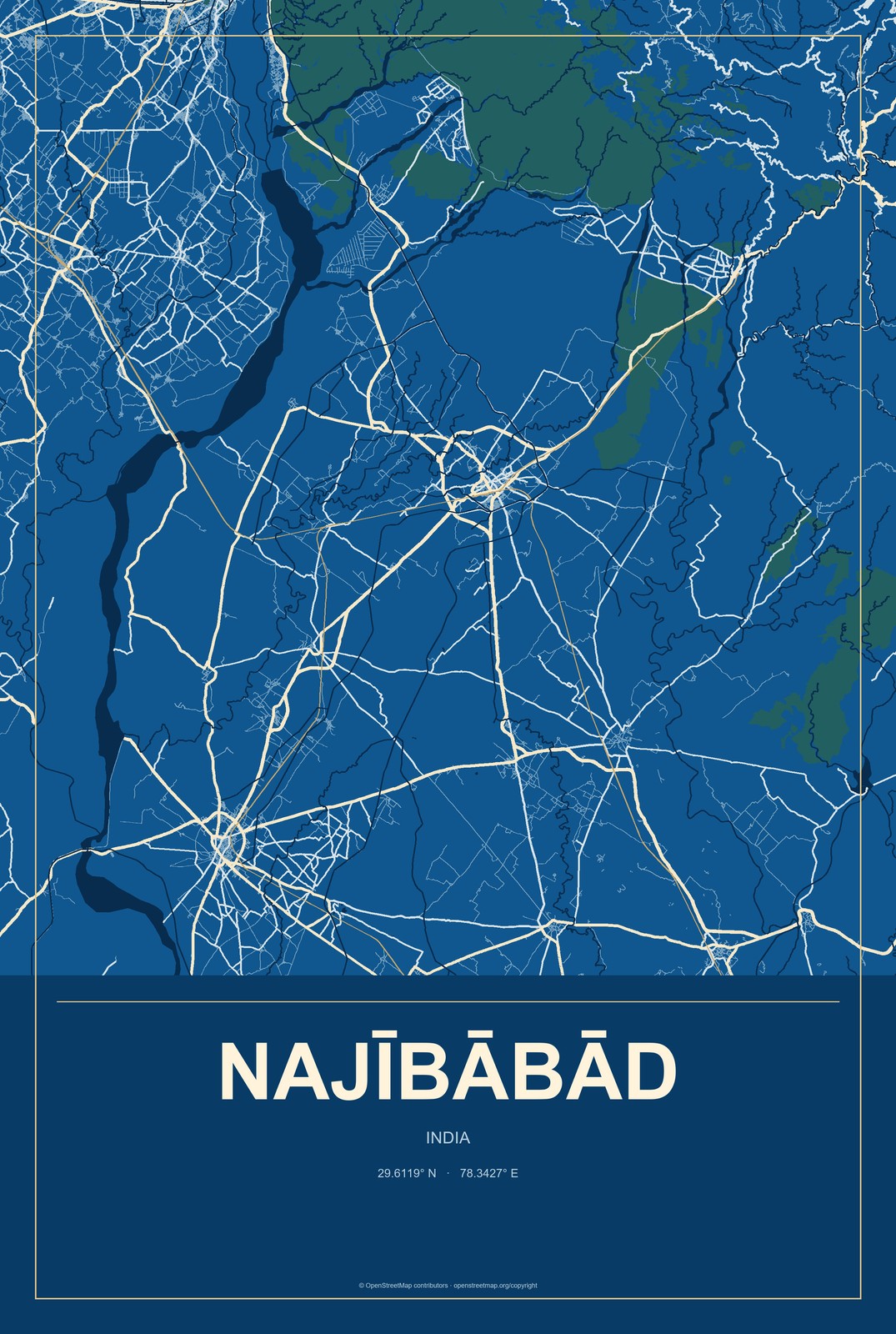 Najībābād, India City Map Aluminum Sign in Harbor Cobalt style