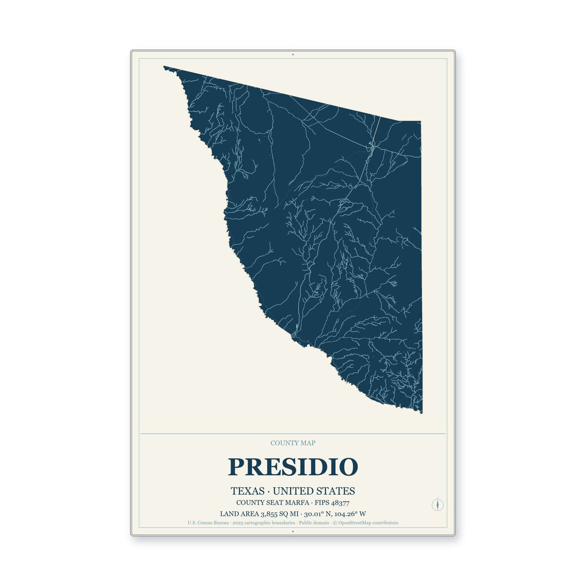 Presidio County, Texas Map Aluminum Sign in Coastal Cutout style