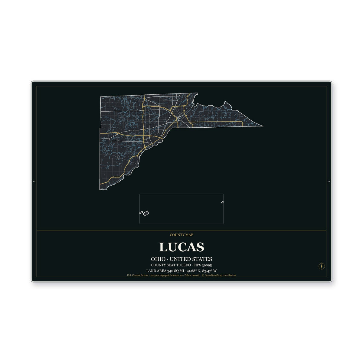 Lucas County, Ohio Map Aluminum Sign in Metropolitan Noir style