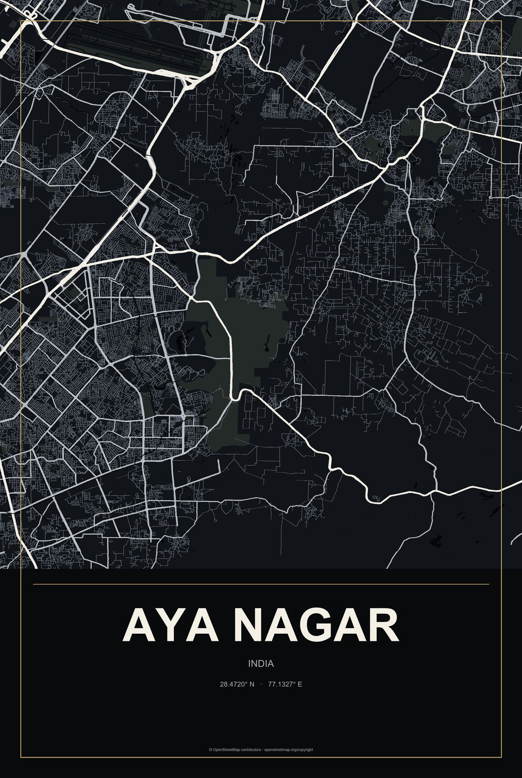 Aya Nagar, India City Map Aluminum Sign in Metropolitan Noir style