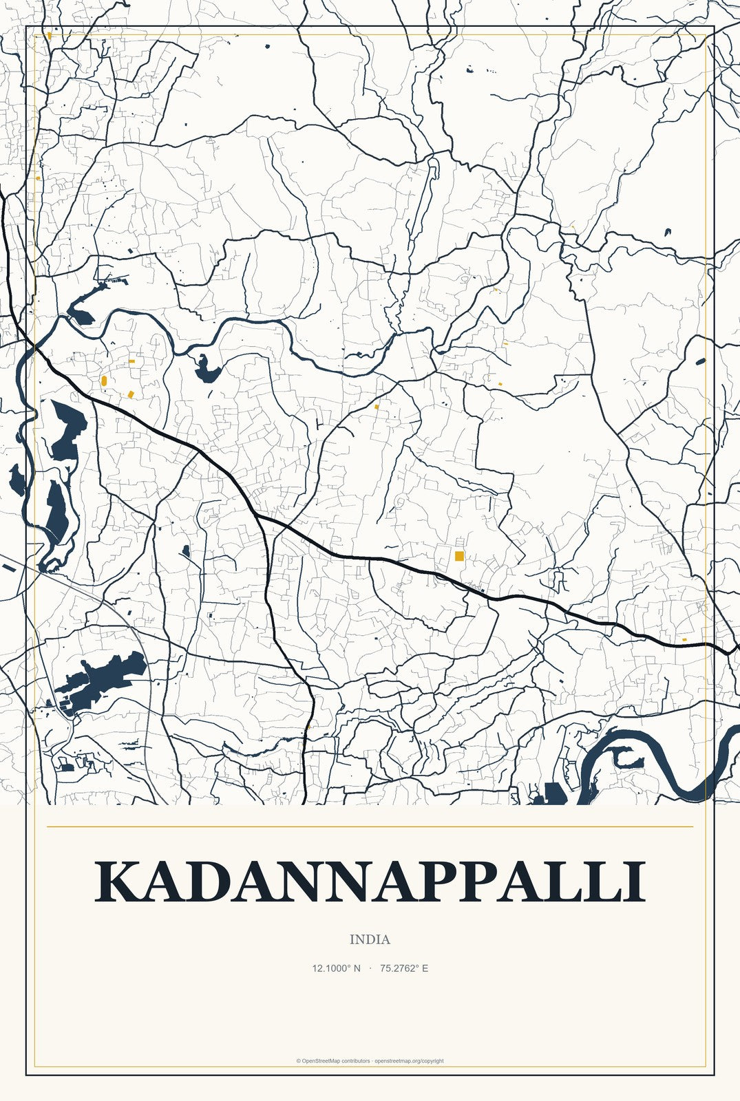 Kadannappalli, India City Map Aluminum Sign in Citrine Modern style