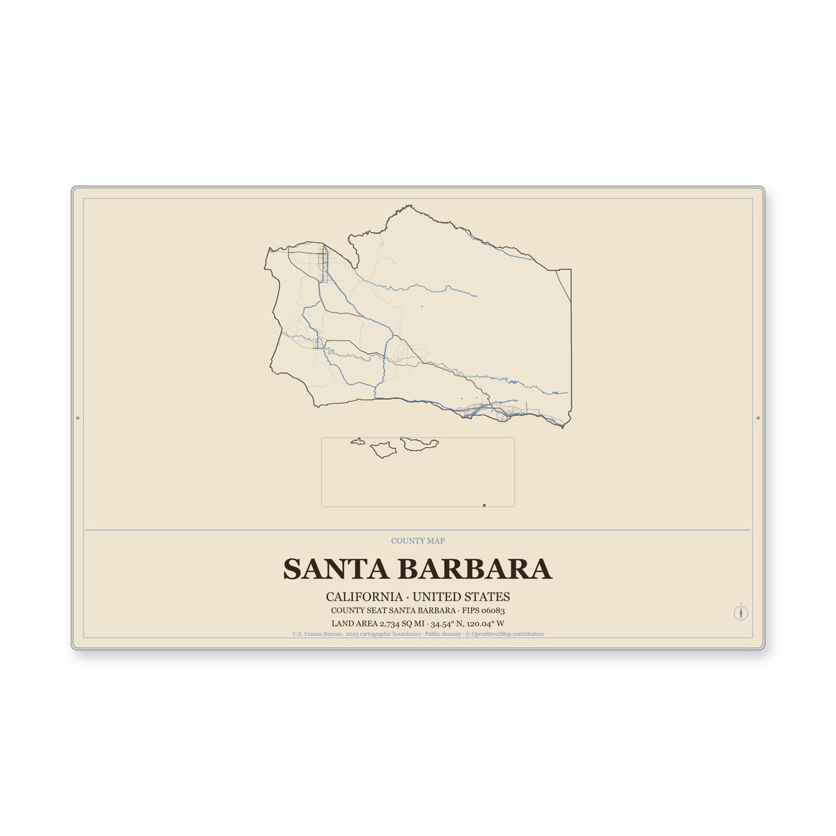 Santa Barbara County, California Map Aluminum Sign in Heritage Nautical style