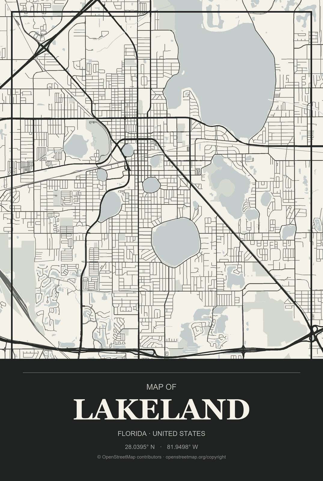 Lakeland, Florida City Map Aluminum Sign in Museum Plaque style