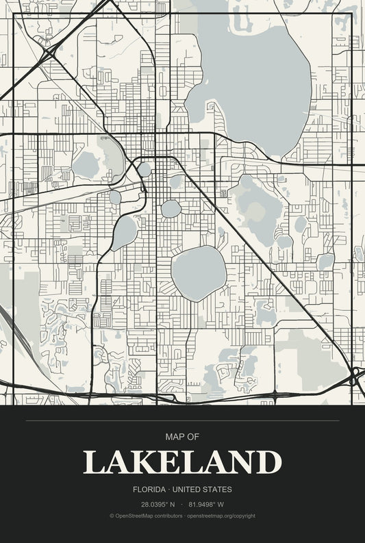 Lakeland, Florida City Map Aluminum Sign in Museum Plaque style