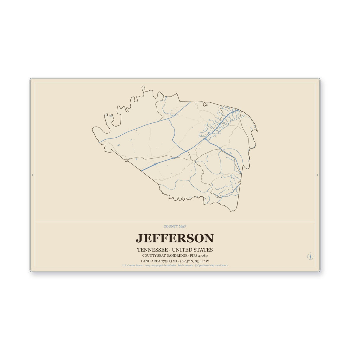 Jefferson County, Tennessee Map Aluminum Sign in Heritage Nautical style