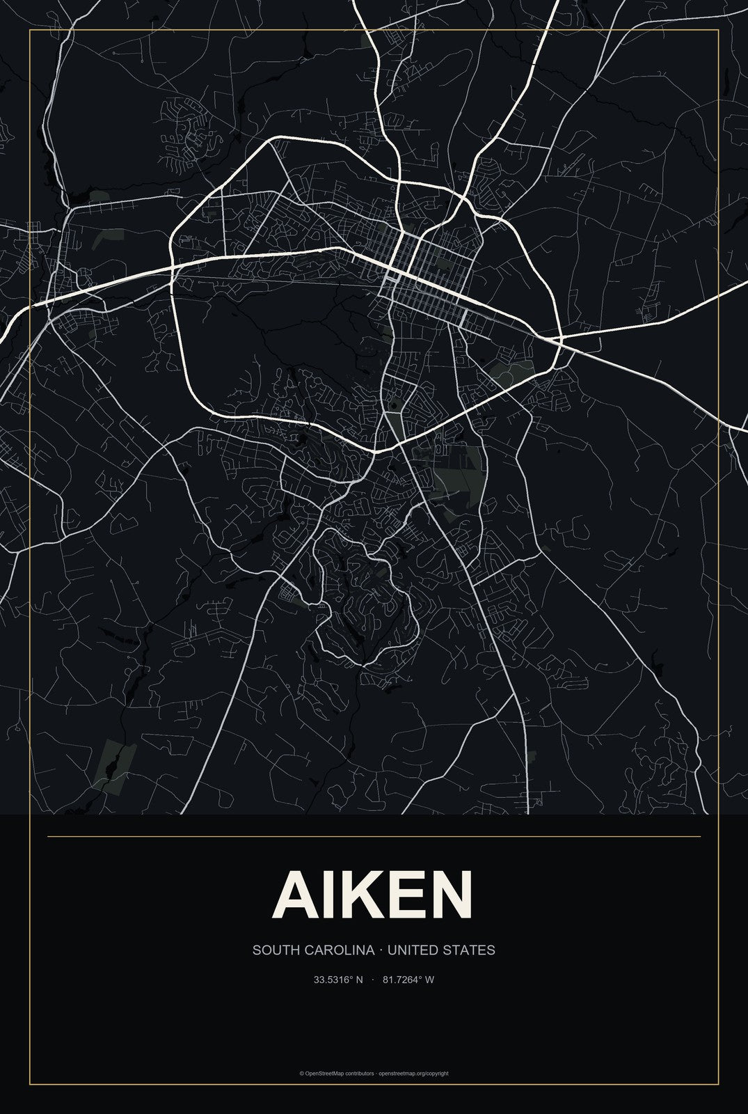 Aiken, South Carolina City Map Aluminum Sign in Metropolitan Noir style