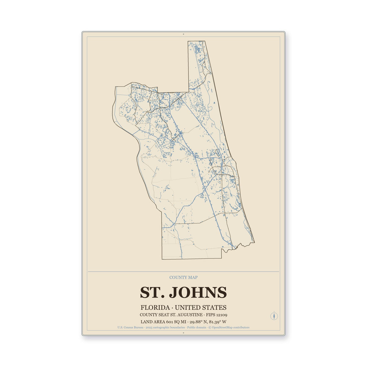 St. Johns County, Florida Map Aluminum Sign in Heritage Nautical style