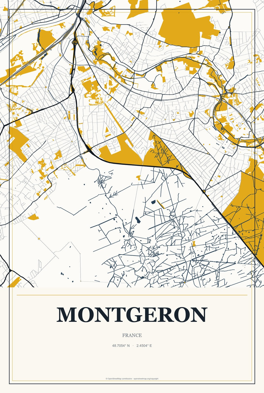Montgeron, France City Map Aluminum Sign in Citrine Modern style