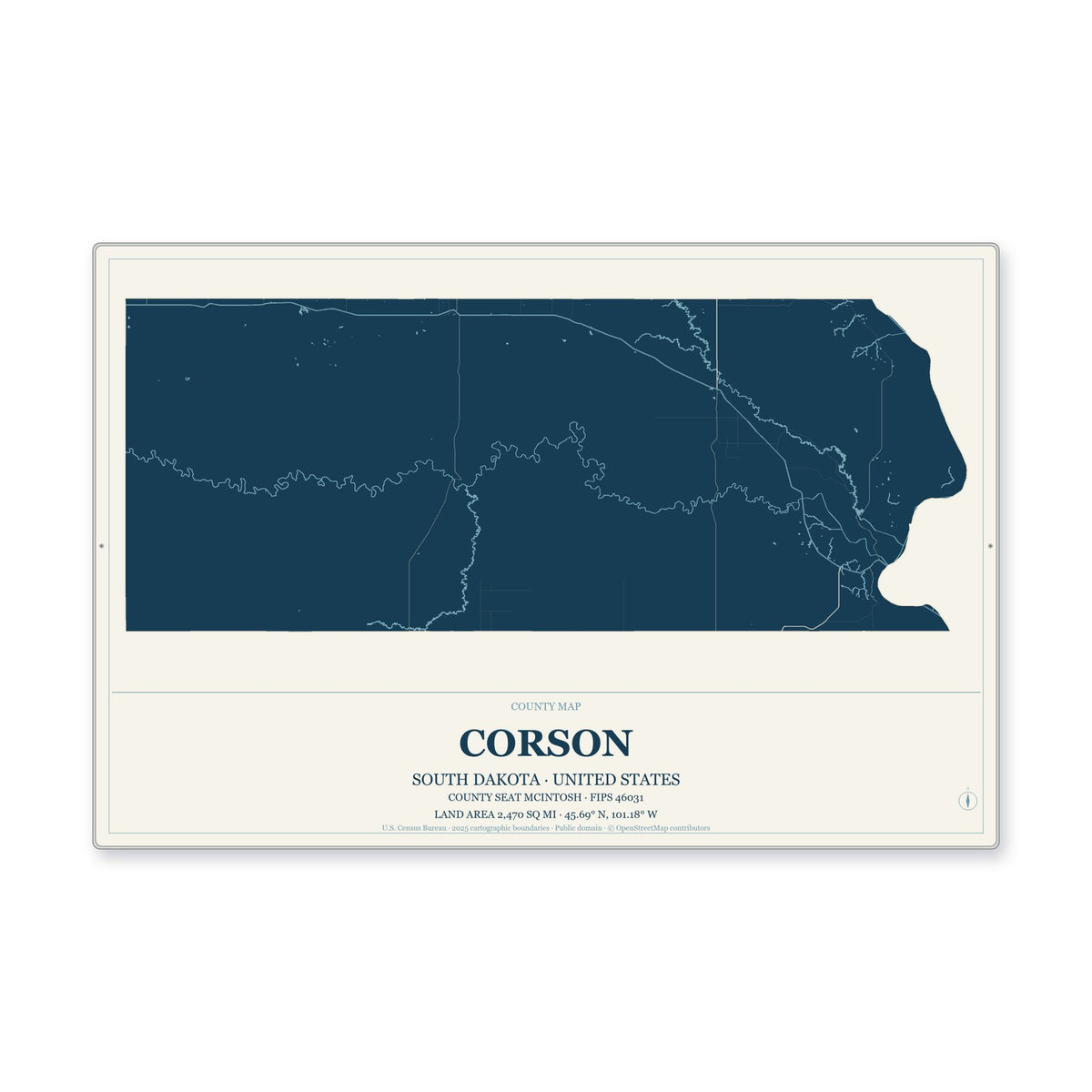 Corson County, South Dakota Map Aluminum Sign in Coastal Cutout style