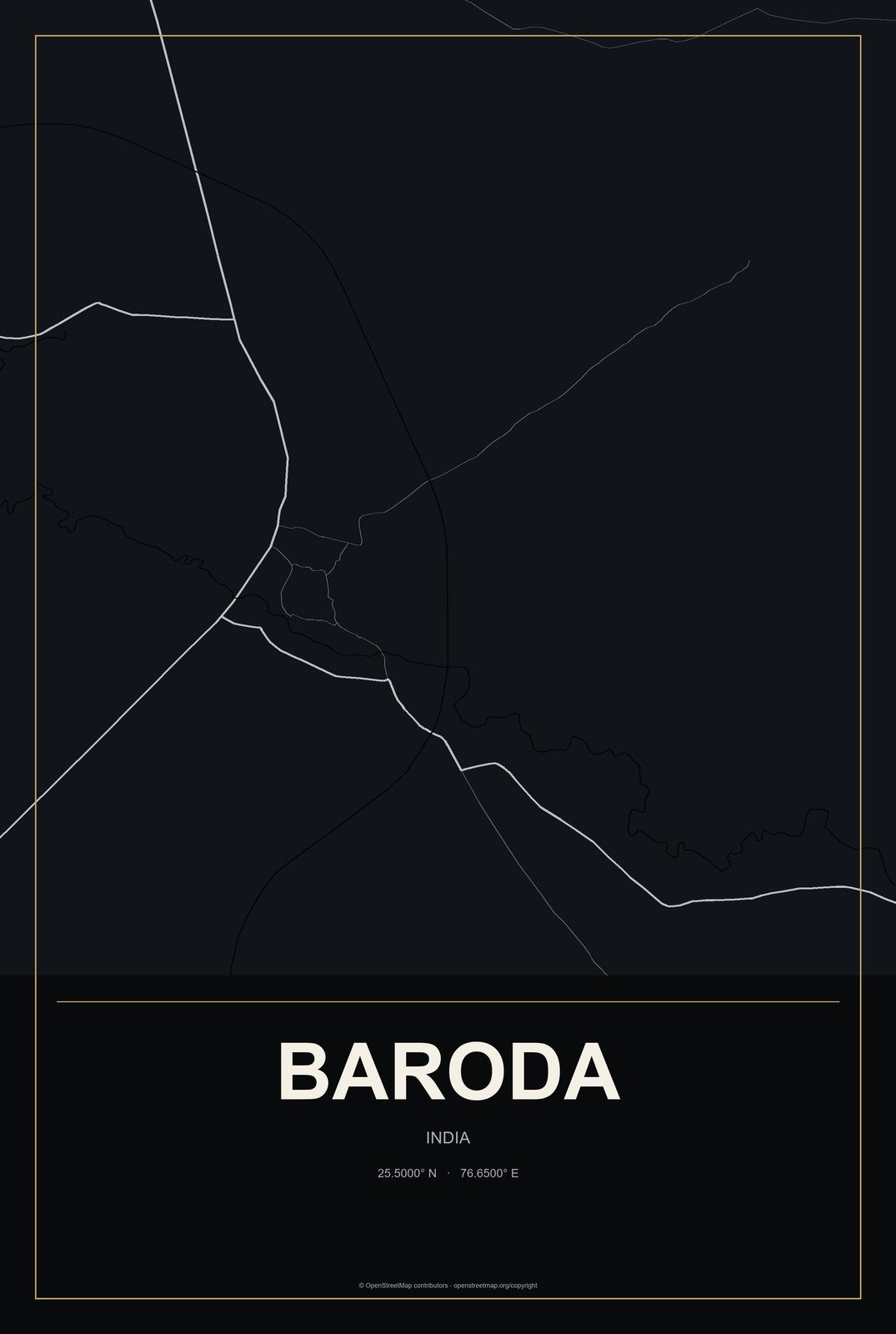 Baroda, India City Map Aluminum Sign in Metropolitan Noir style