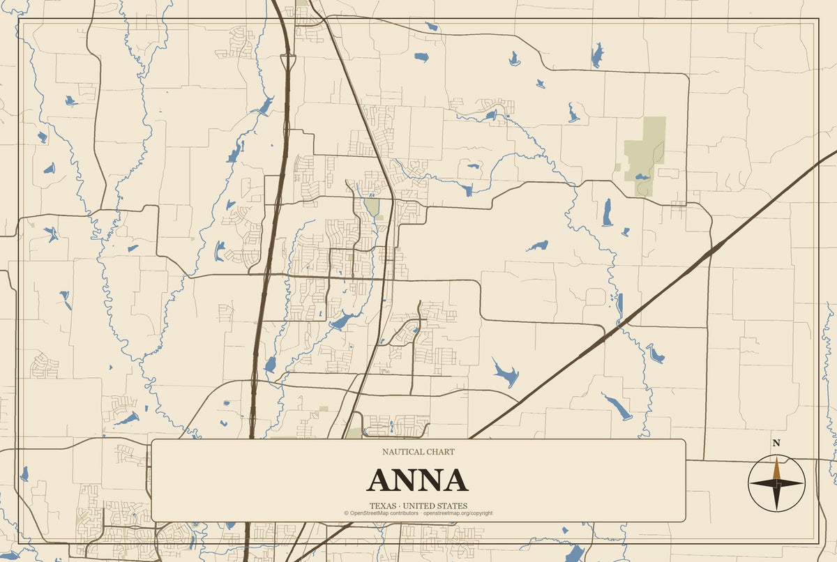 Anna, Texas City Map Aluminum Sign in Heritage Nautical style