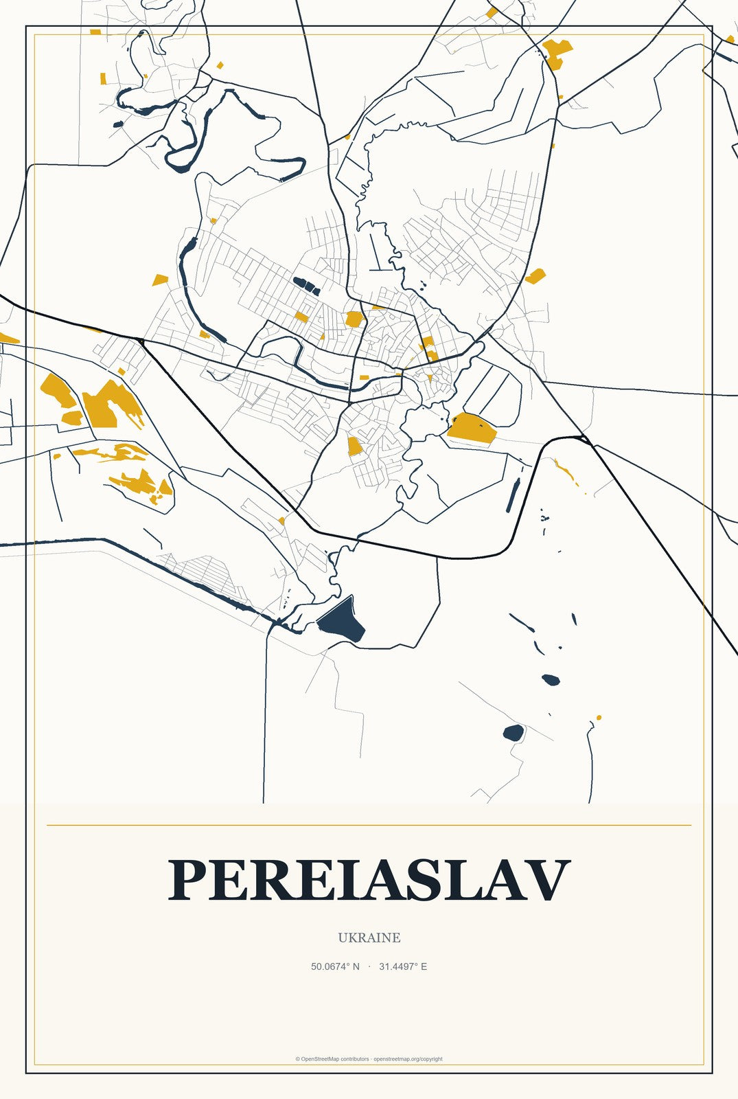Pereiaslav, Ukraine City Map Aluminum Sign in Citrine Modern style