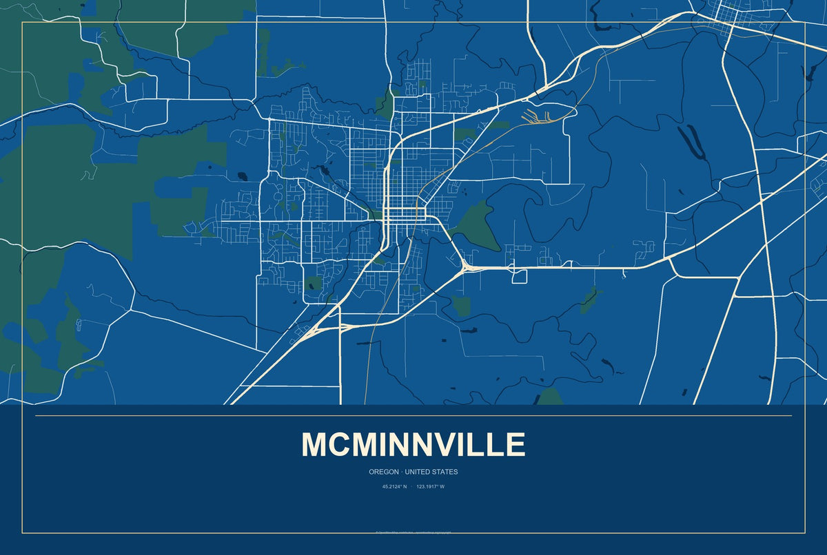 McMinnville, Oregon City Map Aluminum Sign in Harbor Cobalt style