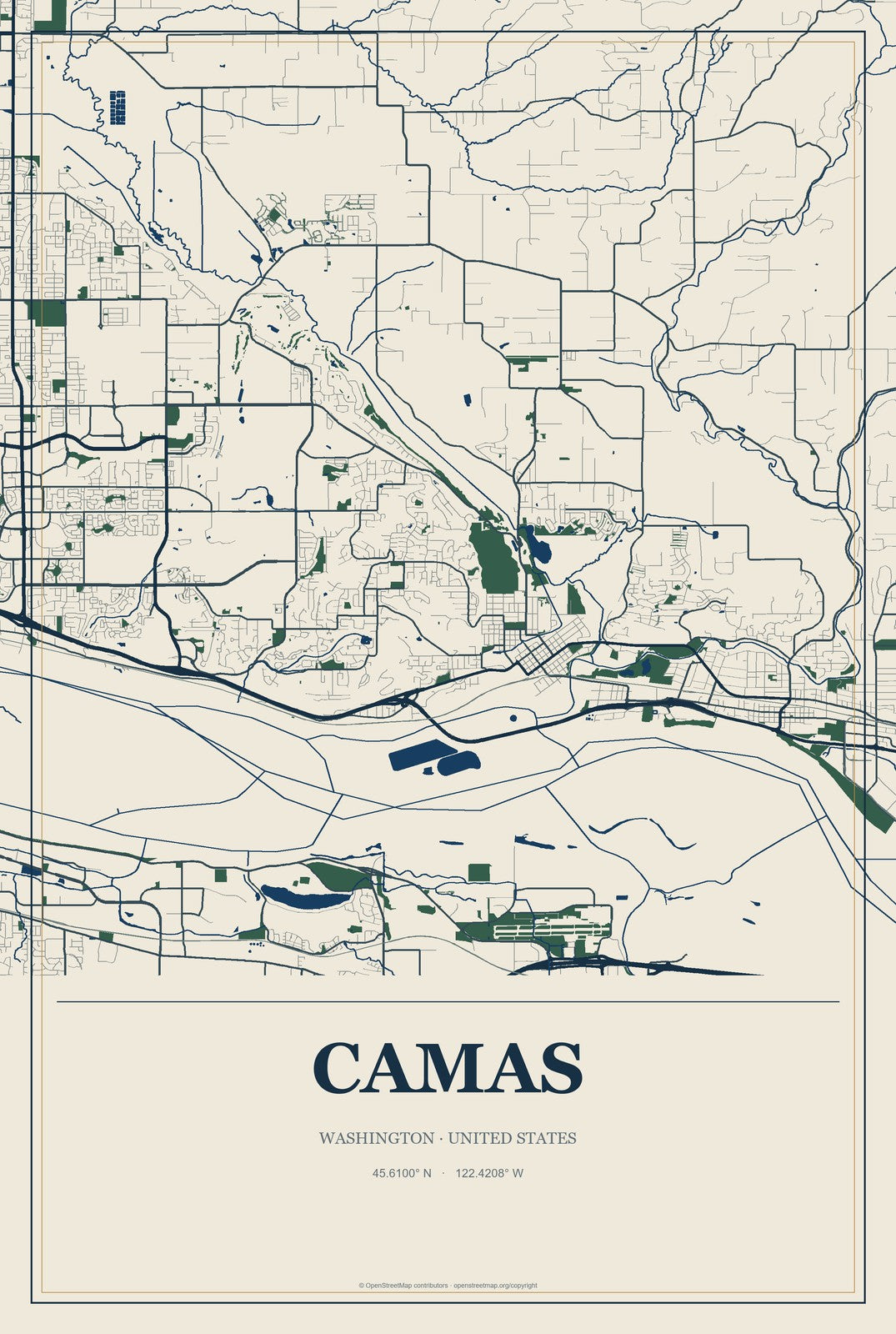 Camas, Washington City Map Aluminum Sign in Coastal Cutout style