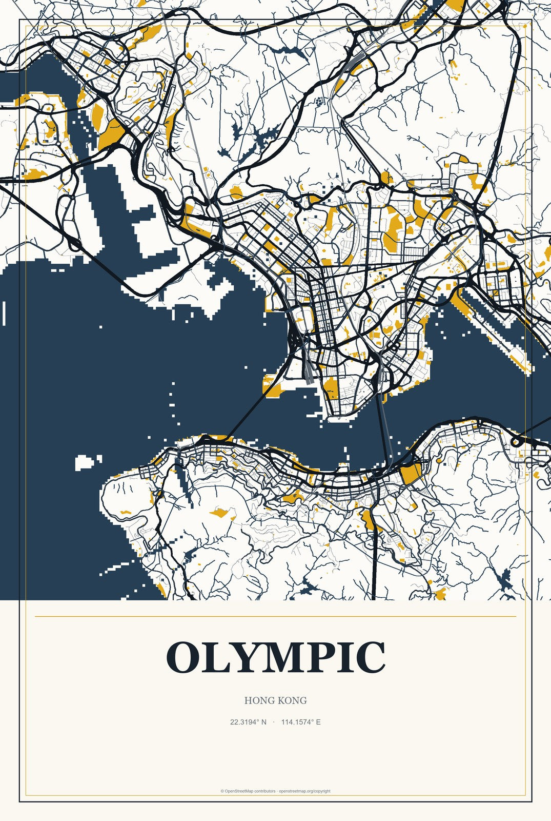 Olympic, Hong Kong City Map Aluminum Sign in Citrine Modern style