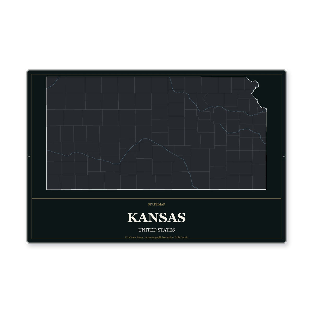 Kansas state map aluminum sign in Metropolitan Noir style