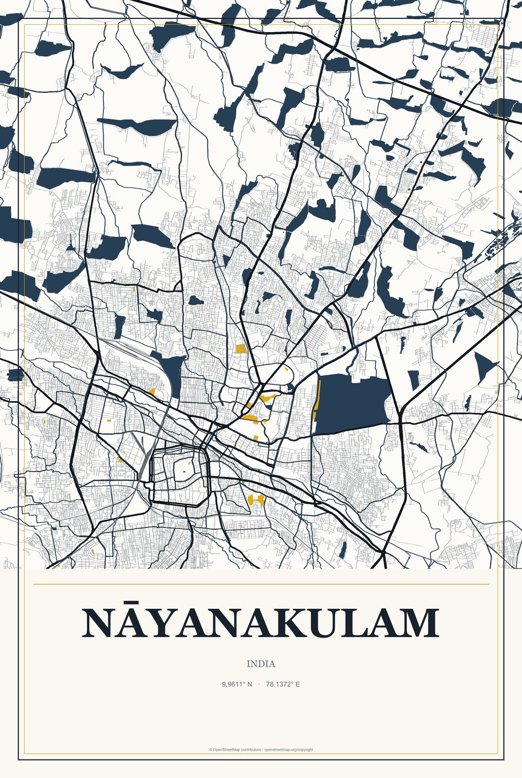 Nāyanakulam, India City Map Aluminum Sign in Citrine Modern style