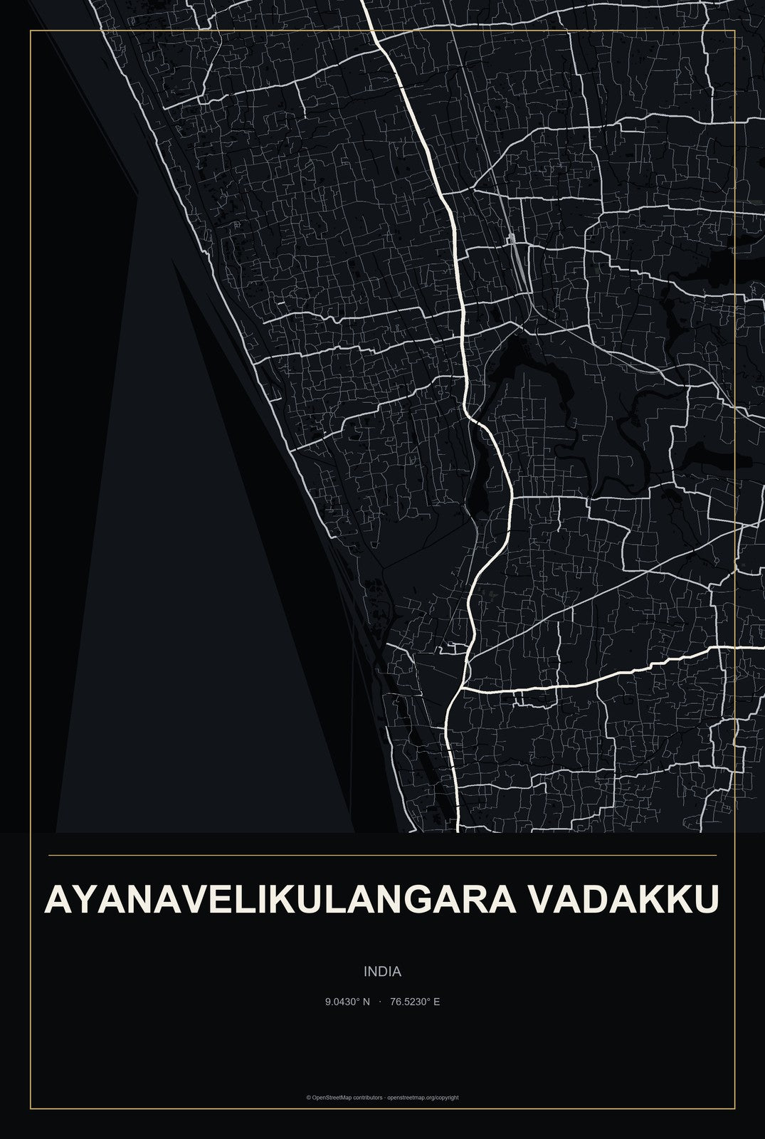 Ayanavelikulangara Vadakku, India City Map Aluminum Sign in Metropolitan Noir style