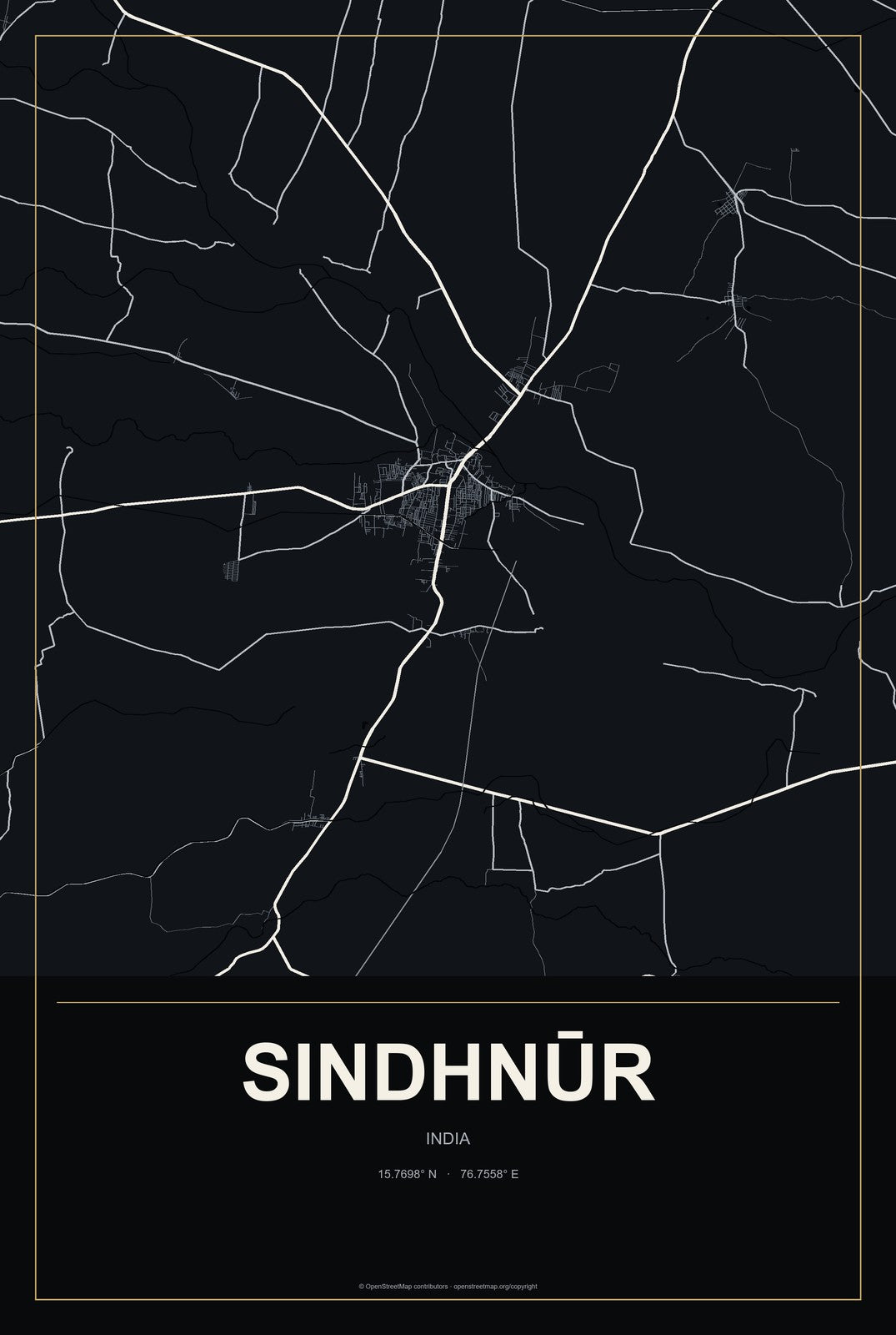 Sindhnūr, India City Map Aluminum Sign in Metropolitan Noir style