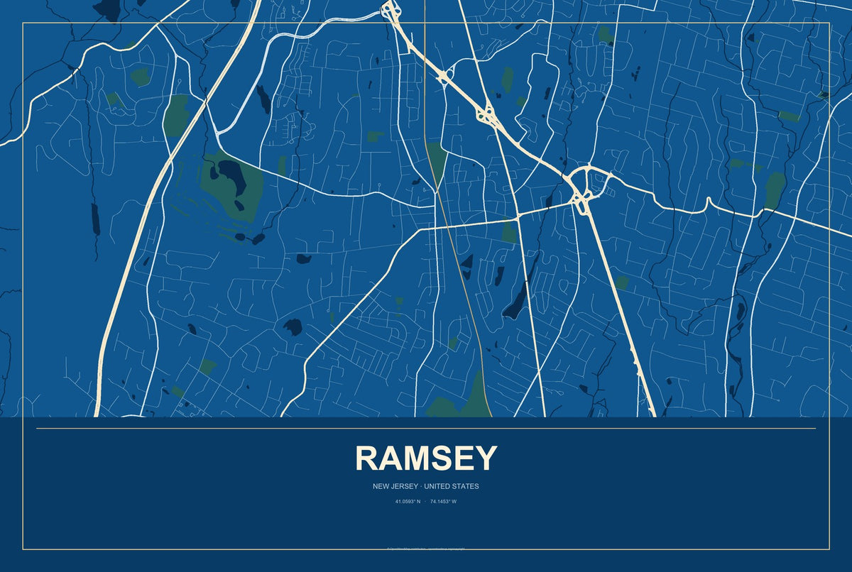 Ramsey, New Jersey City Map Aluminum Sign in Harbor Cobalt style