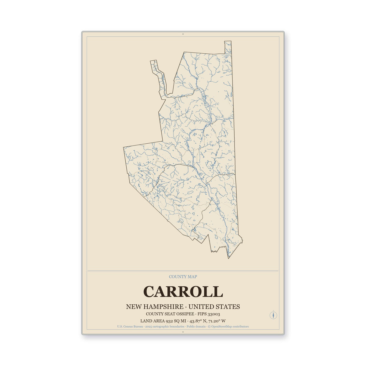 Carroll County, New Hampshire Map Aluminum Sign in Heritage Nautical style
